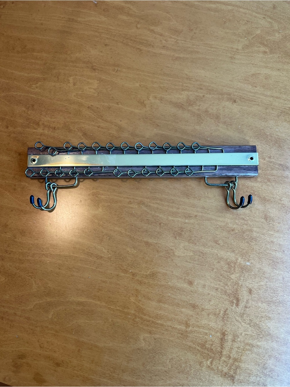 Vintage Brass Wall-Mounted Tie and Belt Rack in Wood and Brass Tones